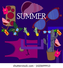 Summer card with cactus, sunglasses, seashell, cocktail, T-shirt. Vector background.