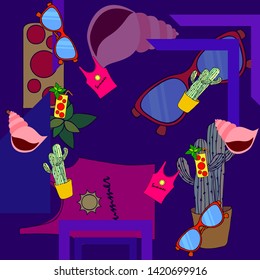 Summer card with cactus, sunglasses, seashell, cocktail, T-shirt. Vector background.