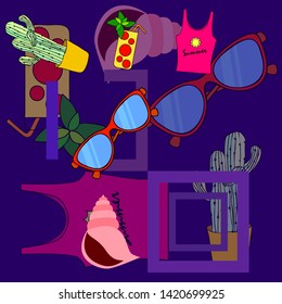 Summer card with cactus, sunglasses, seashell, cocktail, T-shirt. Vector background.