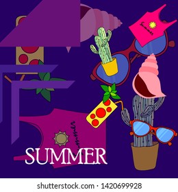 Summer card with cactus, sunglasses, seashell, cocktail, T-shirt. Vector background.