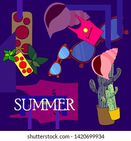 Summer card with cactus, sunglasses, seashell, cocktail, T-shirt. Vector background.