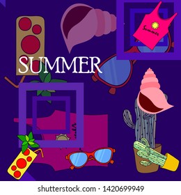 Summer card with cactus, sunglasses, seashell, cocktail, T-shirt. Vector background.