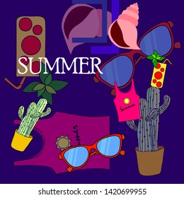 Summer card with cactus, sunglasses, seashell, cocktail, T-shirt. Vector background.