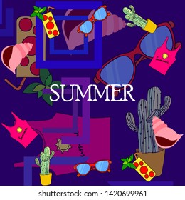 Summer card with cactus, sunglasses, seashell, cocktail, T-shirt. Vector background.