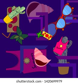 Summer card with cactus, sunglasses, seashell, cocktail, T-shirt. Vector background.