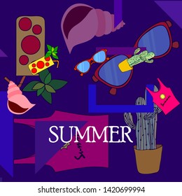 Summer card with cactus, sunglasses, seashell, cocktail, T-shirt. Vector background.
