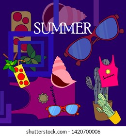 Summer card with cactus, sunglasses, seashell, cocktail, T-shirt. Vector background.