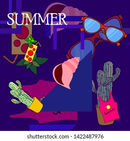 Summer card with cactus, sunglasses, seashell, cocktail, T-shirt. Vector background.
