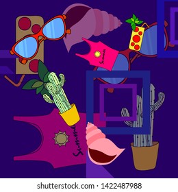 Summer card with cactus, sunglasses, seashell, cocktail, T-shirt. Vector background.