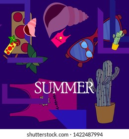 Summer card with cactus, sunglasses, seashell, cocktail, T-shirt. Vector background.