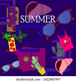 Summer card with cactus, sunglasses, seashell, cocktail, T-shirt. Vector background.