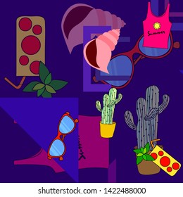 Summer card with cactus, sunglasses, seashell, cocktail, T-shirt. Vector background.