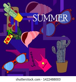 Summer card with cactus, sunglasses, seashell, cocktail, T-shirt. Vector background.
