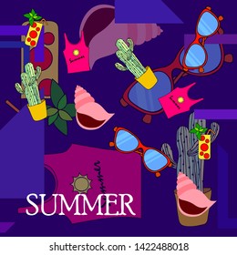 Summer card with cactus, sunglasses, seashell, cocktail, T-shirt. Vector background.