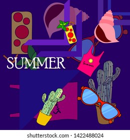 Summer card with cactus, sunglasses, seashell, cocktail, T-shirt. Vector background.