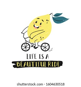 Summer card with cartoon cute lemon character vector illustration. Template with cheerful lime riding bike and smiling. Colorful lettering like is a beautiful ride. Isolated on white background