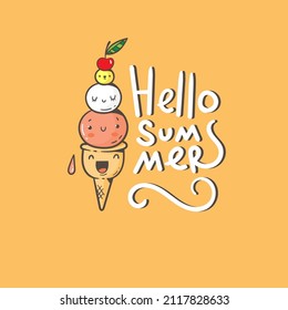 Summer card with cartoon ice cream. Doodle funny character print. Cute sweets colorful poster.