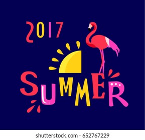 Summer card with cartoon letters, sun and flamingo on dark background. Flat design. Vector poster.