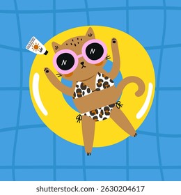 Summer card with cat in swimming ring. Vector iliustrations 