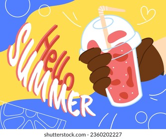 Summer card with cocktail concept. Palm of human with plastic cup with cold drink and juice. Refreshent in tropical and exotic countries. Poster or banner. Cartoon flat vector illustration