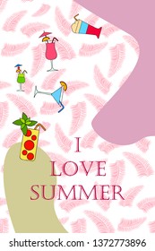 Summer card with cocktails. Beach holiday. Vector background.