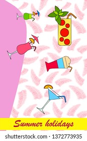 Summer card with cocktails. Beach holiday. Vector background.
