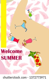 Summer card with cocktails. Beach holiday. Vector background.