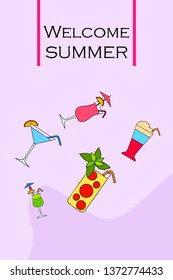 Summer card with cocktails. Beach holiday. Vector background.