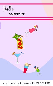Summer card with cocktails. Beach holiday. Vector background.