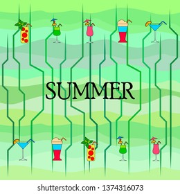 Summer card with cocktails. Beach holiday. Vector background.
