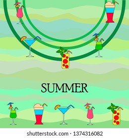 Summer card with cocktails. Beach holiday. Vector background.