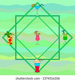 Summer card with cocktails. Beach holiday. Vector background.