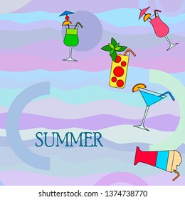 Summer card with cocktails. Beach holiday. Vector background.