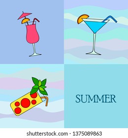 Summer card with cocktails. Beach holiday. Vector background.