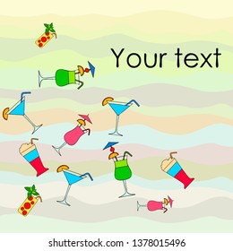 Summer card with cocktails. Beach holiday. Vector background.