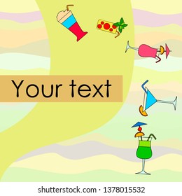 Summer card with cocktails. Beach holiday. Vector background.