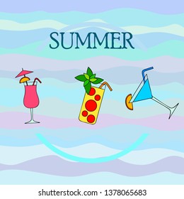 Summer card with cocktails. Beach holiday. Vector background.