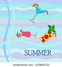 Summer card with cocktails. Beach holiday. Vector background.