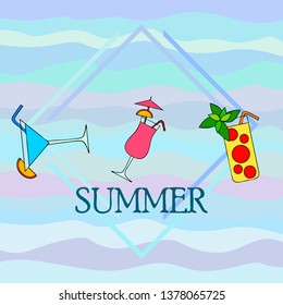 Summer card with cocktails. Beach holiday. Vector background.