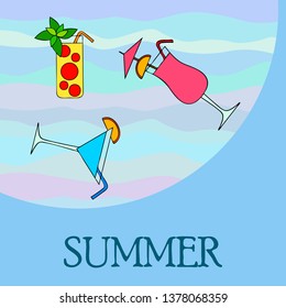 Summer card with cocktails. Beach holiday. Vector background.