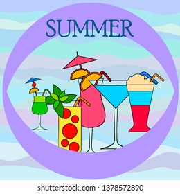 Summer card with cocktails. Beach holiday. Vector background.