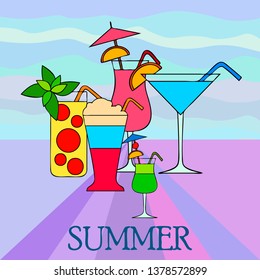 Summer card with cocktails. Beach holiday. Vector background.