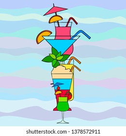 Summer card with cocktails. Beach holiday. Vector background.