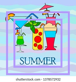 Summer card with cocktails. Beach holiday. Vector background.