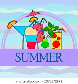 Summer card with cocktails. Beach holiday. Vector background.