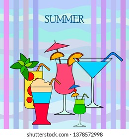 Summer card with cocktails. Beach holiday. Vector background.