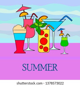 Summer card with cocktails. Beach holiday. Vector background.