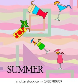 Summer card with cocktails. Beach holiday. Vector background.