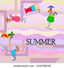 Summer card with cocktails. Beach holiday. Vector background.