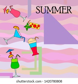Summer card with cocktails. Beach holiday. Vector background.